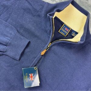 NWT T. Harris London 1/4 Zip Pullover Sweater Mens XL Blue 100% Cotton Casual
